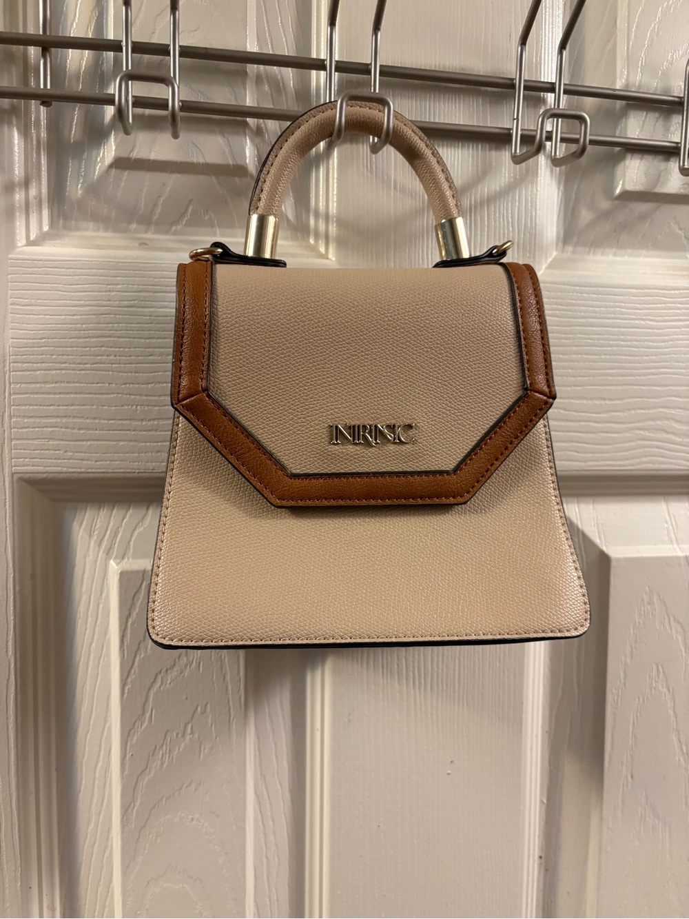 NinRsc Beige & Brown Structured Top-Handle Bag